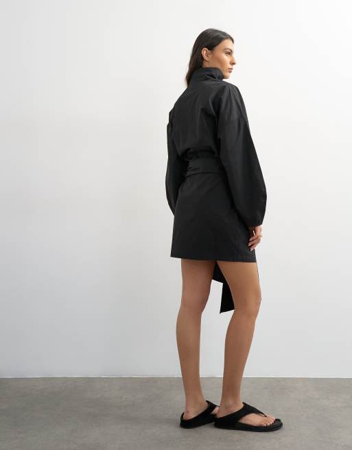 Topshop – Langärmliges Hemdblusenkleid in Anthrazitgrau mit Stehkragen und Wickeldetail, 4 von 4
