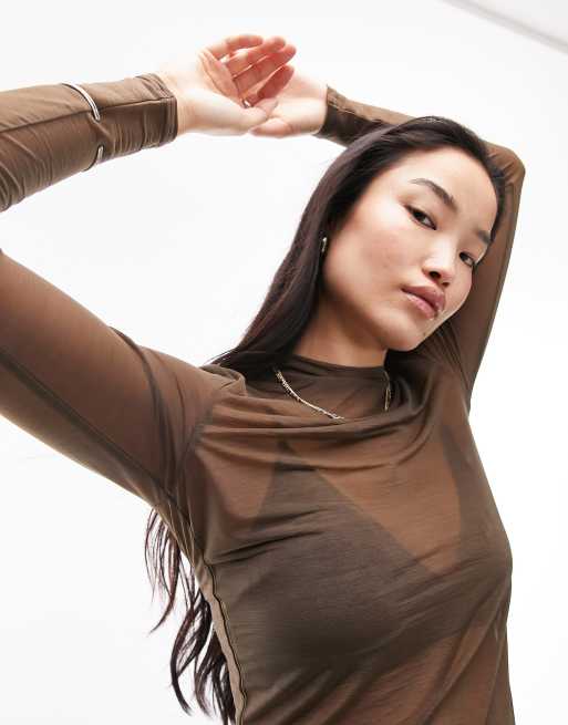 Topshop – Langärmliges, hochgeschlossenes Oberteil aus Netzstoff in Khaki