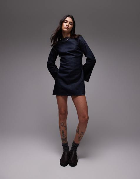 Topshop – Langärmliges Jeans-Etuikleid in unbehandeltem Indigoblau - view 1