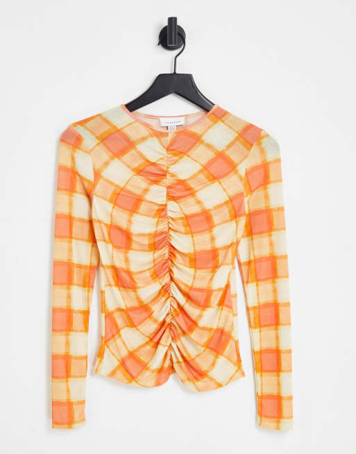 Topshop – Langärmliges, kariertes Oberteil aus Netzstoff in Orange