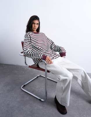 Topshop - Langärmliges, lässiges Skater-T-Shirt in mint und burgunderrot gestreift-Bunt