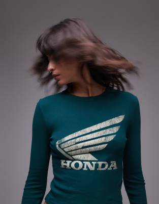 Topshop - Langärmliges, lizenziertes Oberteil in Grün mit „Honda"-Print