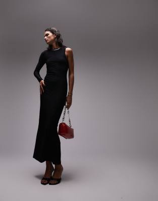 Topshop - Langärmliges Maxikleid aus superweichem, modellierendem Material in Schwarz mit One-Shoulder-Träger