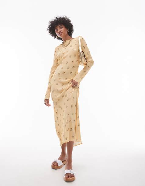 Topshop – Langärmliges Maxikleid in Gelb mit Schlitzausschnitt - view 1