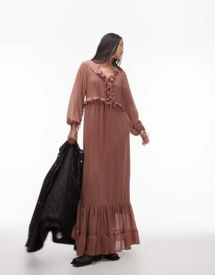 Topshop - Langärmliges Maxikleid in Gewürzfarben mit Biesendetail-Braun