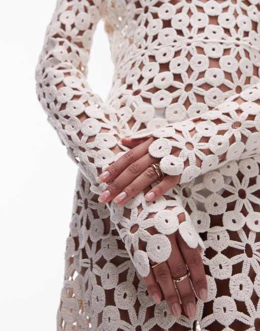 Topshop – Langärmliges Maxikleid mit Häkel-Look in Cremeweiß, 2 von 4
