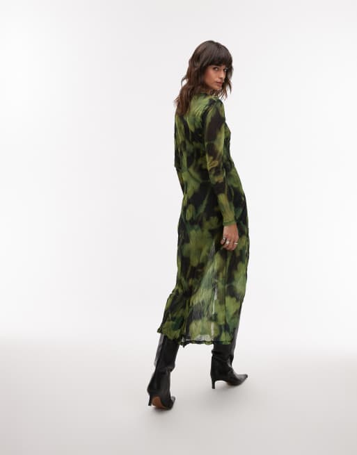 Topshop – Langärmliges, mehrfarbiges Midikleid in Grün mit verschwommenem Blumenmuster, 2 von 4