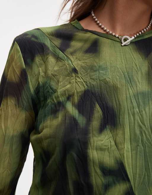 Topshop – Langärmliges, mehrfarbiges Midikleid in Grün mit verschwommenem Blumenmuster, 3 von 4