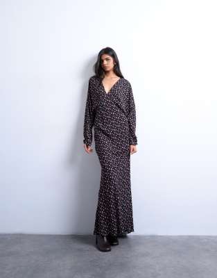 Topshop - Langärmliges Midi-Freizeitkleid mit Blumenprint-Schwarz