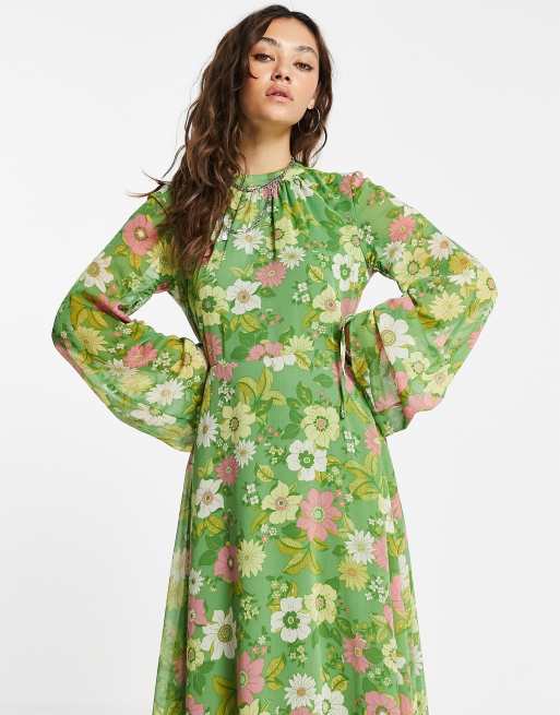Topshop – Langärmliges Midikleid mit 70er-Jahre-Blumenmuster mit Rückenausschnitt , 4 von 4
