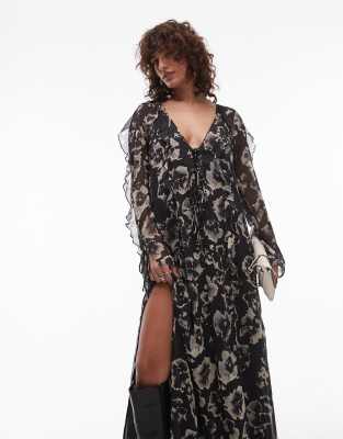 Thumbnail - Topshop - Langärmliges Midikleid mit Rüschen und Blumenmuster in Schwarz-Weiß-Bunt