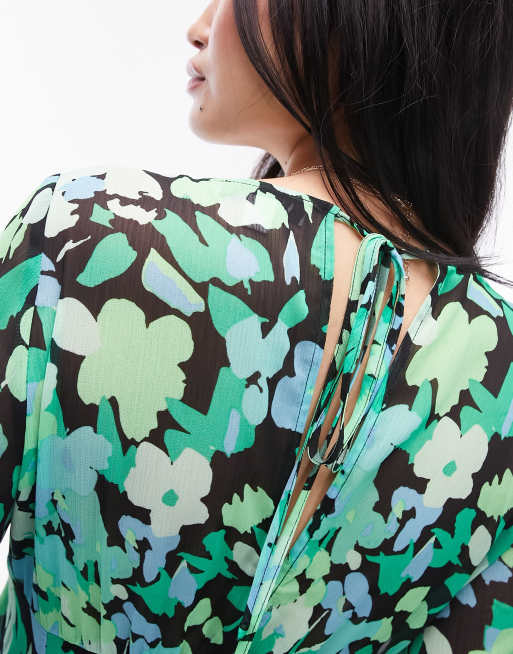 Topshop – Langärmliges Mini-Freizeitkleid in Grün geblümt mit Godet-Details, 2 von 4