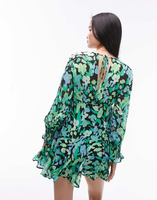 Topshop – Langärmliges Mini-Freizeitkleid in Grün geblümt mit Godet-Details, 4 von 4