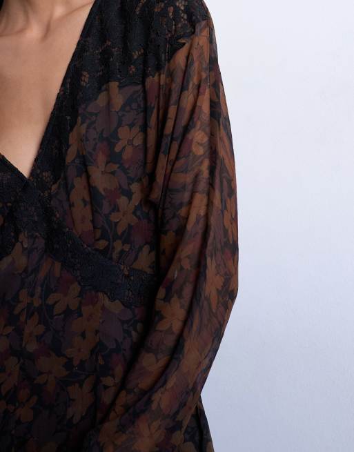 Topshop – Langärmliges Mini-Freizeitkleid mit Spitzenbesatz und dunklem Blumenmuster, 3 von 4