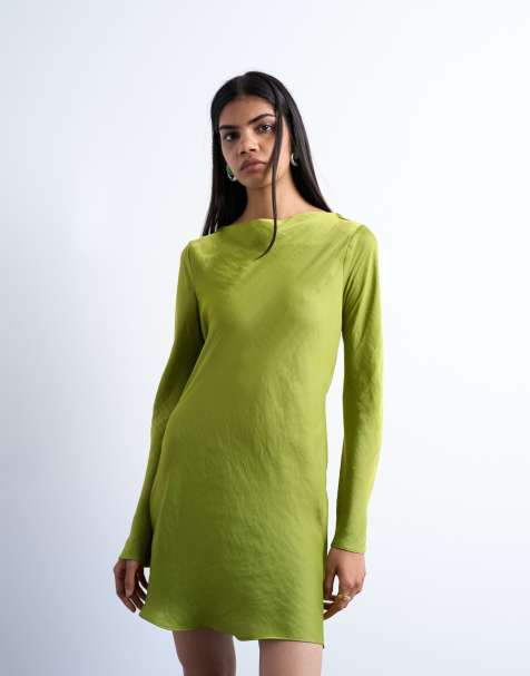 Topshop – Langärmliges Minikleid aus Satin in Grün mit Wasserfall-Rückenausschnitt - view 1
