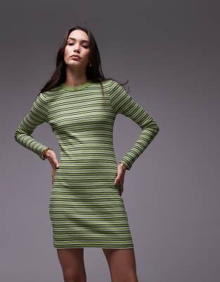 Topshop - Langärmliges Minikleid in Grün gestreift-Rot