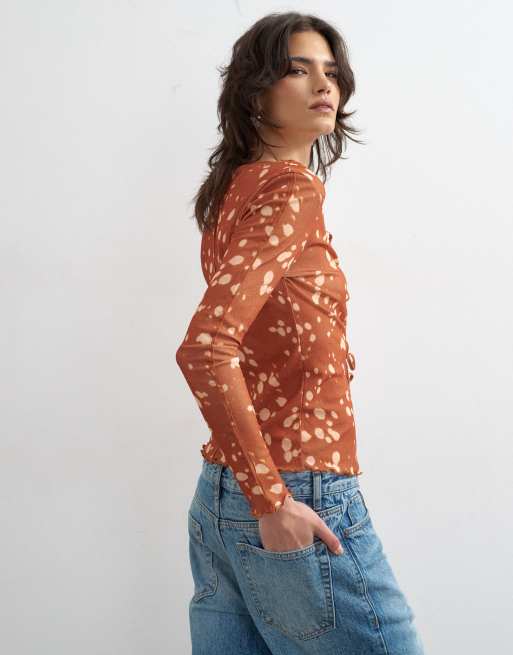 Topshop – Langärmliges Netzstoff-Oberteil mit Rehfellmuster und Bindedetail vorne, 4 von 4