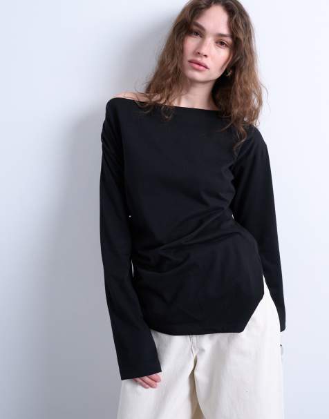 Topshop – Langärmliges Oberteil aus Jersey in Schwarz mit asymmetrischem U-Boot-Ausschnitt - view 1
