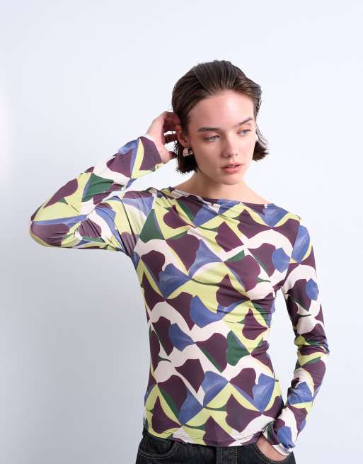 Topshop – Langärmliges Oberteil aus Mikrofaser mit mehrfarbigem geometrischem Muster, 2 von 4