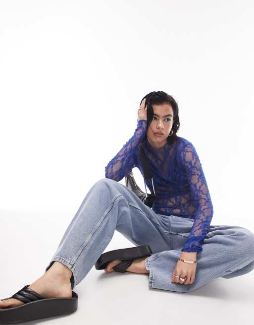 Topshop – Langärmliges Oberteil aus Spitze in Kobaltblau, 4 von 4