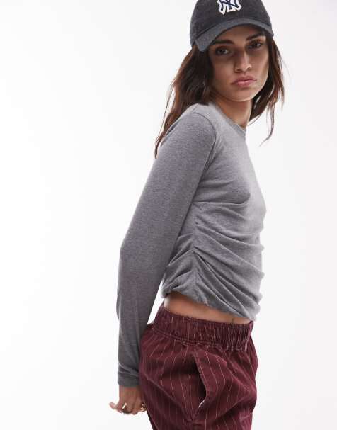 Topshop – Langärmliges Oberteil in Dunkelgrau meliert mit seitlicher Raffung - view 1