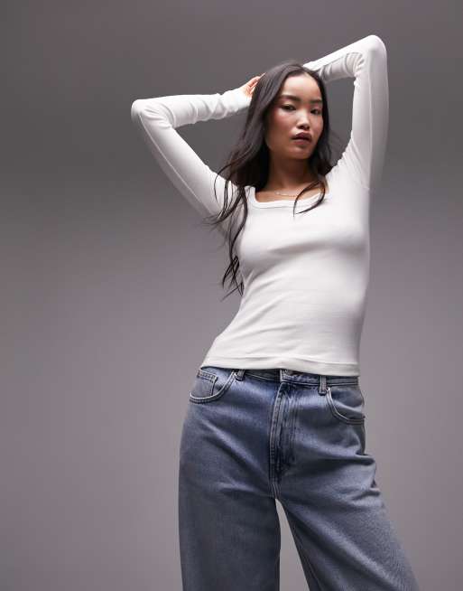Topshop – Langärmliges Oberteil in Ecru mit eckigem Ausschnitt