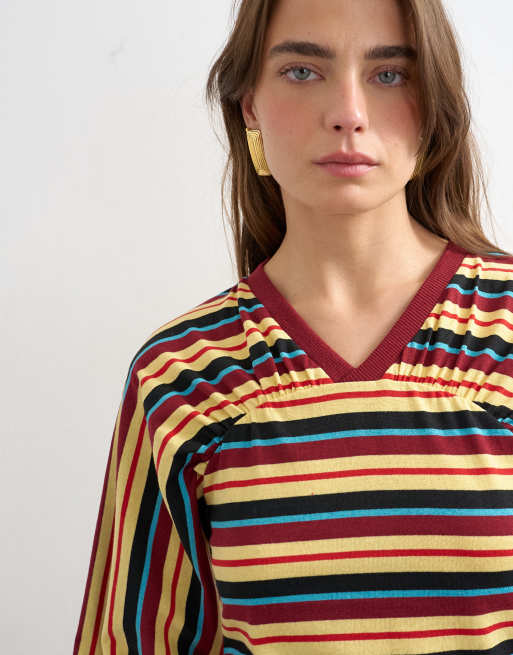 Topshop – Langärmliges Oberteil in Gelb gestreift mit geraffter Passennaht, 2 von 4