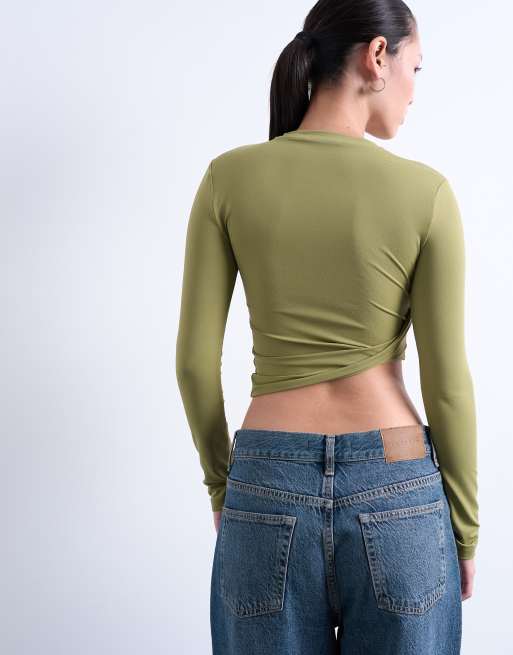 Topshop – Langärmliges Oberteil in Grün mit verdrehter Seitenpartie, 3 von 4