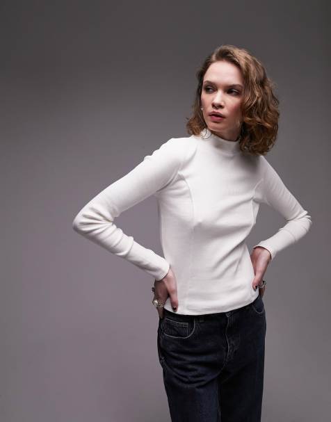 Topshop – Langärmliges Oberteil mit Stehkragen in Ecru - view 1