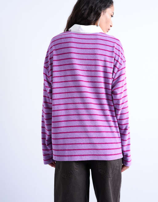 Topshop – Langärmliges Oversize-Polohemd aus Frottee in Rosa gestreift, 3 von 4