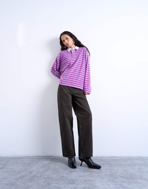 Topshop – Langärmliges Oversize-Polohemd aus Frottee in Rosa gestreift, 4 von 4