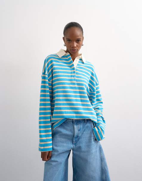 Topshop – Langärmliges Polohemd aus Frottee in Blau gestreift - view 1