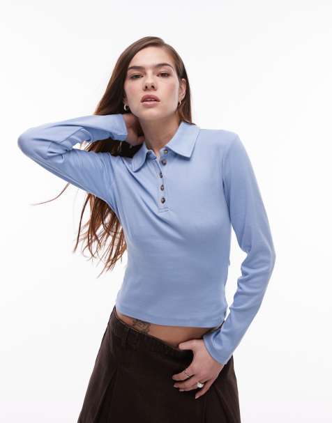 Topshop – Langärmliges Rugby-Oberteil aus Jersey in Blau in eingelaufener Optik - view 1