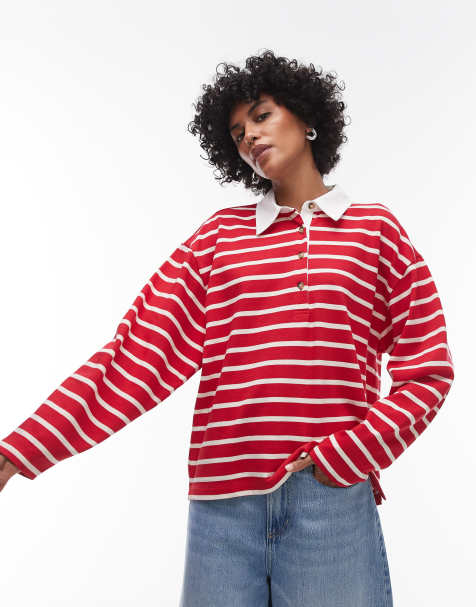 Topshop – Langärmliges Rugby-Polohemd aus Jersey in gestreiftem Rot - view 1