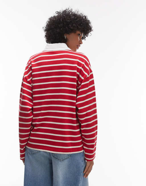 Topshop – Langärmliges Rugby-Polohemd aus Jersey in gestreiftem Rot, 2 von 4