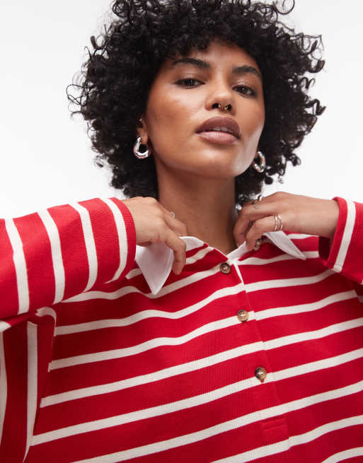 Topshop – Langärmliges Rugby-Polohemd aus Jersey in gestreiftem Rot, 3 von 4