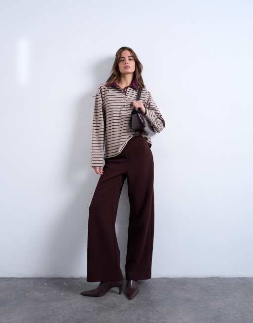 Topshop– Langärmliges Rugby-Polohemd in Hellbeige und Burgunderrot gestreift, 2 von 4