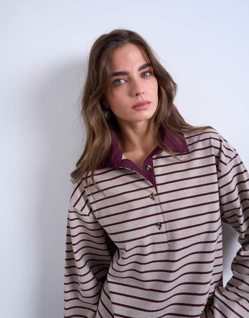Topshop– Langärmliges Rugby-Polohemd in Hellbeige und Burgunderrot gestreift, 4 von 4