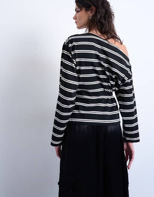 Topshop – Langärmliges, schulterfreies Oberteil mit Raffung und Streifenmuster, 3 von 4