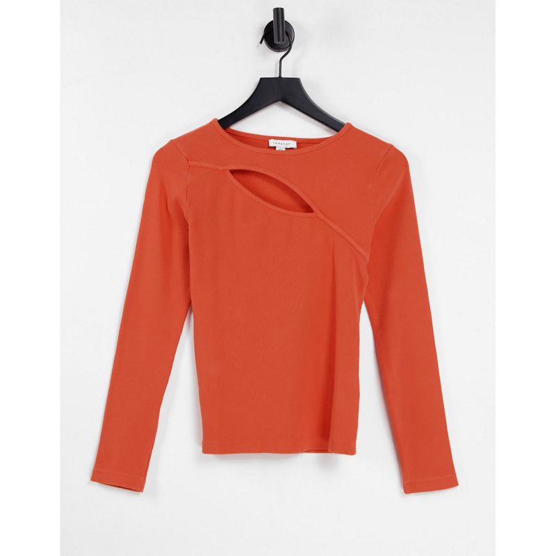 Topshop – Langärmliges Shirt aus kompaktem Rippstoff in Orange mit Zierausschnitt