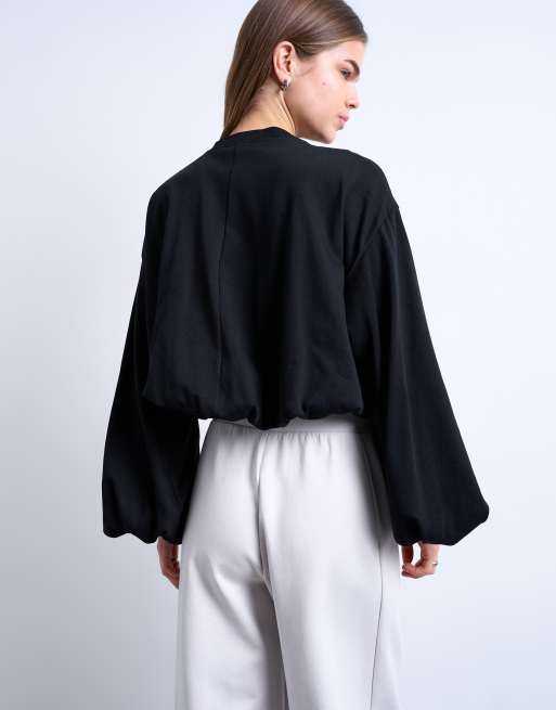 Topshop – Langärmliges Shirt in Schwarz mit Ballonsaum, 4 von 4