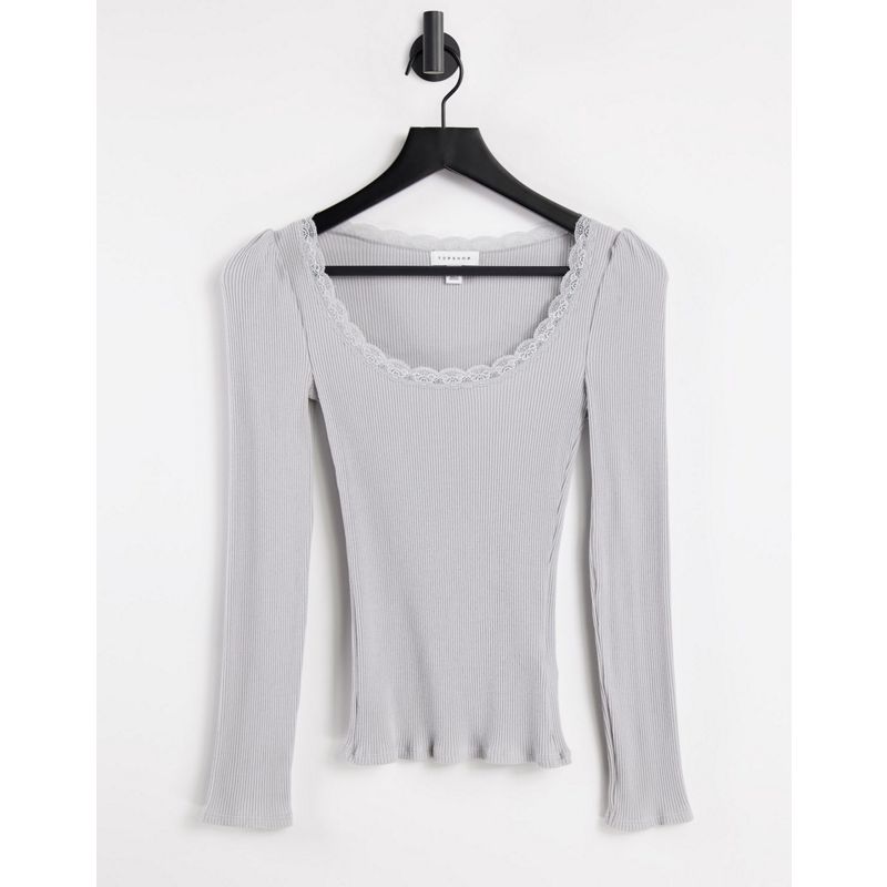 Topshop – Langärmliges Shirt mit Spitzenbesatz in Grau