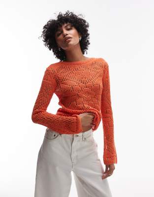 Topshop - Langärmliges Strickoberteil in Orange mit U-Boot-Ausschnitt und Spitze