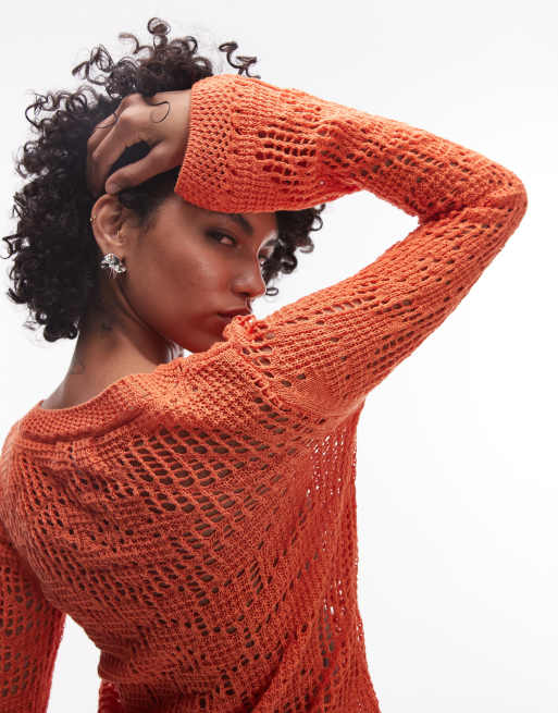 Topshop – Langärmliges Strickoberteil in Orange mit U-Boot-Ausschnitt und Spitze, 2 von 4