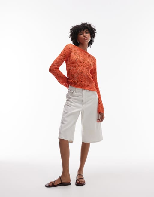 Topshop – Langärmliges Strickoberteil in Orange mit U-Boot-Ausschnitt und Spitze, 3 von 4