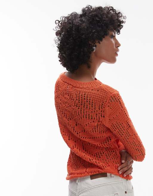 Topshop – Langärmliges Strickoberteil in Orange mit U-Boot-Ausschnitt und Spitze, 4 von 4