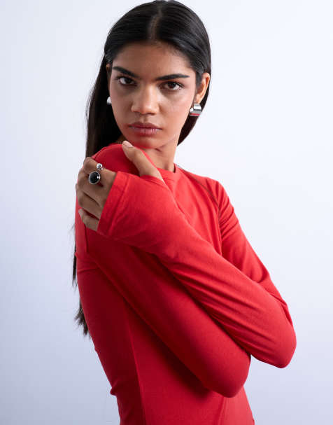 Topshop – Langärmliges Superfine-Oberteil in Rot mit Rundhalsausschnitt - view 1