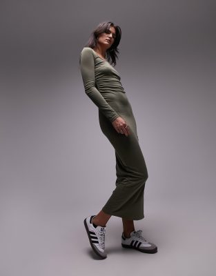 Topshop - Langärmliges, superweiches Midikleid in Khaki-Grün