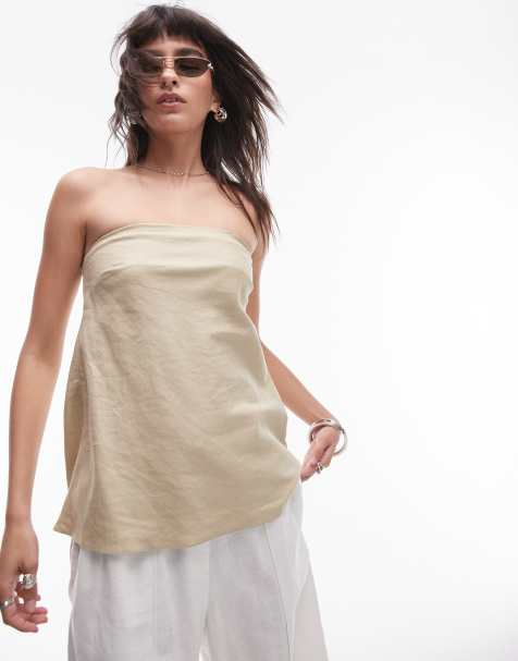 Topshop - Lange bandeau top van linnen in zandkleur - view 1