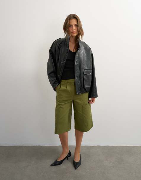Topshop lange bermudashort in kaki - view 1